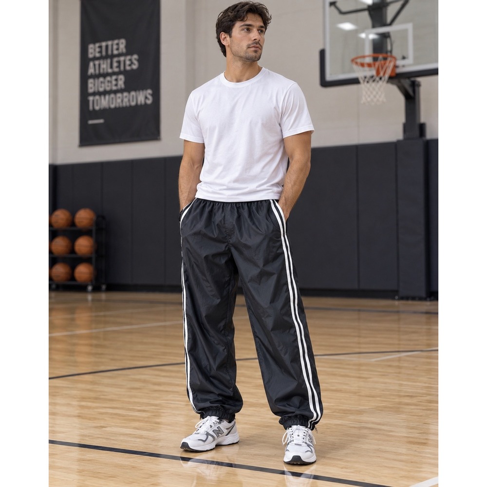 Rennoc Mens Black Breakaway Track Pants Full Side Zip Warm Up Joggers L